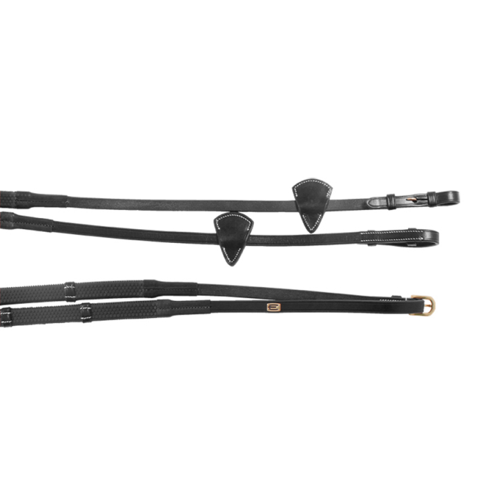 Gummitøyler E-Logo med stoppere Svart/Messing i gruppen Hesteutstyr / Tøyler / Gummitøyler hos Equinest (623000300203BA)