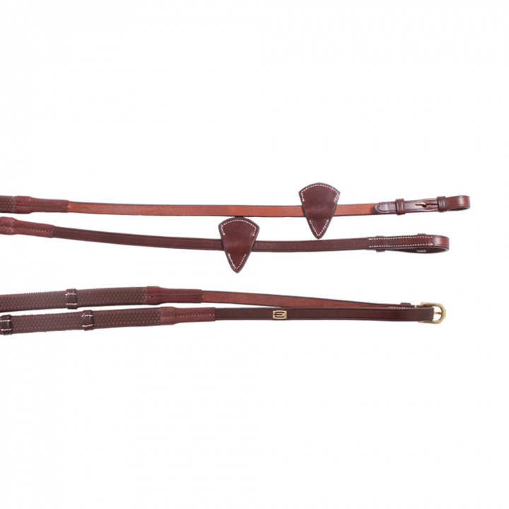 Gummitøyler E-Logo med stoppere Brun/Messing i gruppen Hesteutstyr / Tøyler / Gummitøyler hos Equinest (623000300203BR)