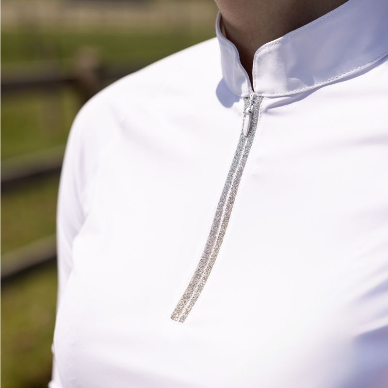 Konkurransetopp Classic Glitter Zipper Long Sleeve Hvit